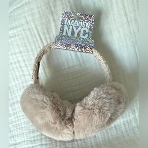 Faux Fur, Tweed fabric & Sequin Packable Earmuffs by Madden NYC in Box & Bag
